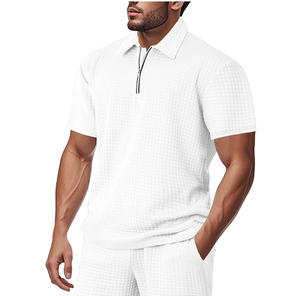 pstuiky camiseta de hombre, Camiseta informal de verano para hombre, de color liso, con mangas cortas, cremallera y solapa camisas casuales para hombre s