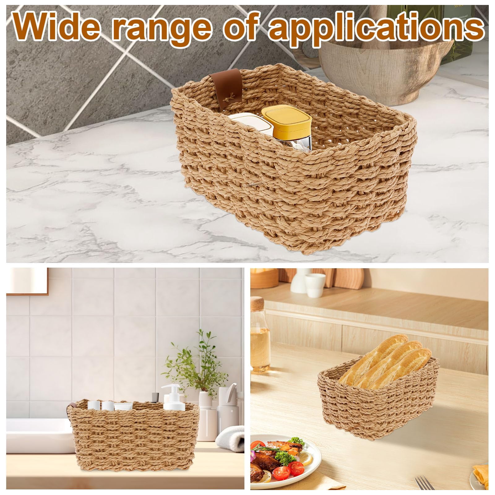 Asunby Small Wicker Baskets for Organizing, Recycled Paper Rope Storage Basket Container Bins for Shelves Bathroom Cupboards Drawer, Decorative Square Basket Organizer Set of 3