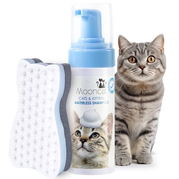 Mooncat Waterless Cat Shampoo and Brush Kit, No Rinse Foam for Kittens & Short Hair, Licking Safe Dry Bath Grooming Set, 5 oz