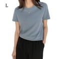 thumbnail image 1 of Camiseta de mujer Verano Cuello redondo Manga corta Color sólido Top casual, Azul, L Speravity AP001478-14B, 1 of 7