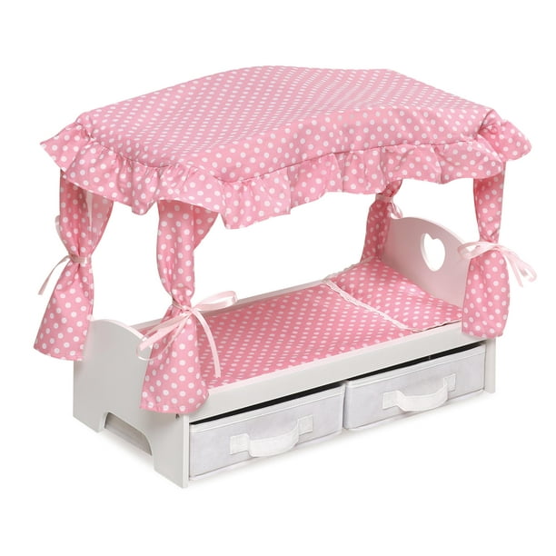 Badger Basket Canopy Doll Bed with Two Storage Baskets Pink/Polka Dot