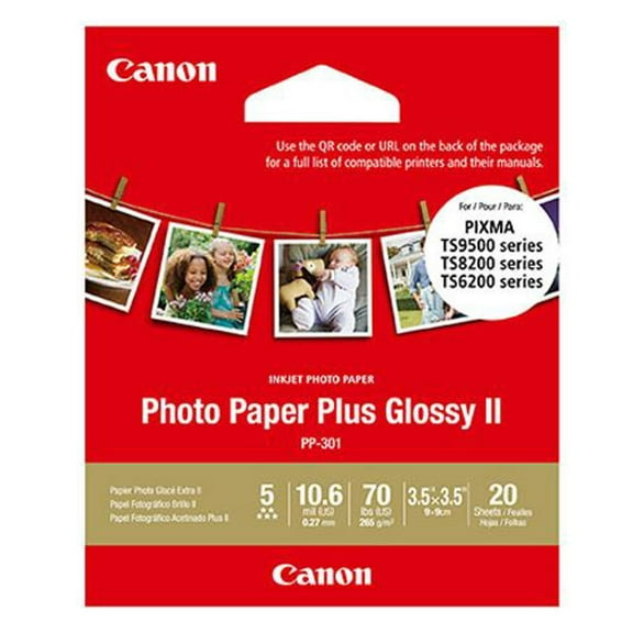 Canon PP-301 Photo Paper Plus Glossy II Inkjet Paper, 10.6 mil, 265 gsm, 3.5 x 3.5", 20 Sheet Pack