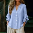 thumbnail image 5 of Xdegoge Linen Button Down Shirts for Women V Neck Three Quarter Ruffle Sleeve Elegant Workwear Going Out Relaxed Fit Solid Plain Design Flowy Stretchy Spring Tops, 5 of 7