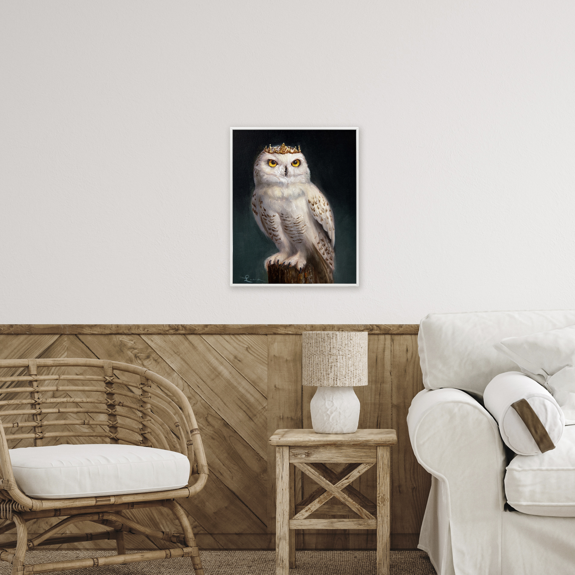 Snowy Owl King White Framed Giclee Art, design by Lucia Heffernan
