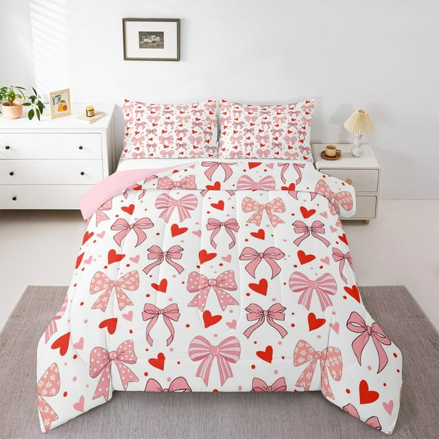 Erosebridal Ensembles de Couettes Motif Nœud pour Lit Grand, Couettes et Duvets Dessin Animé Nœud Nœud, Literie à Pois Rouges Hlove Ensemble de Couette Grand pour Ados, Décoratif de Chambre Léger Réversible, 3 Pcs