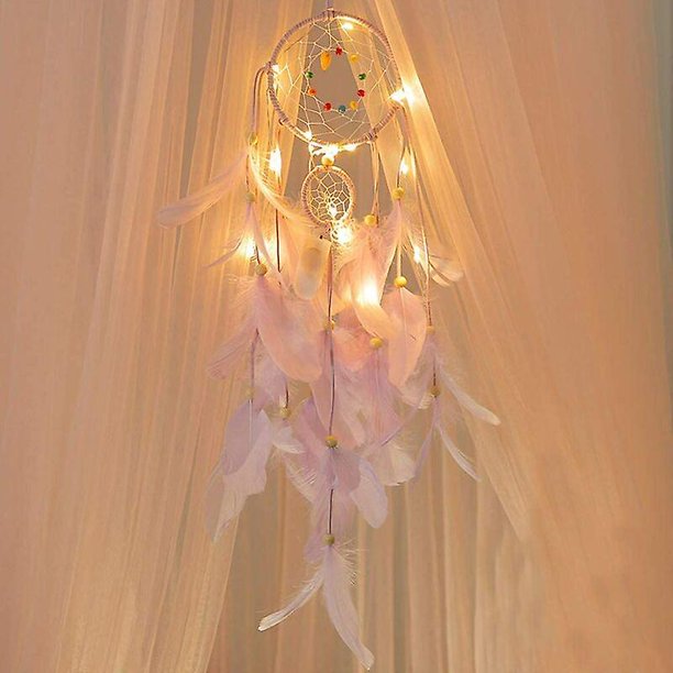 Atrapasueños, luz nocturna de plumas, luces nocturnas montadas en la pared, decoración del hogar, lámpara nocturna para niños, dormitorio, sala de estar, regalo de cumpleaños (blanco)