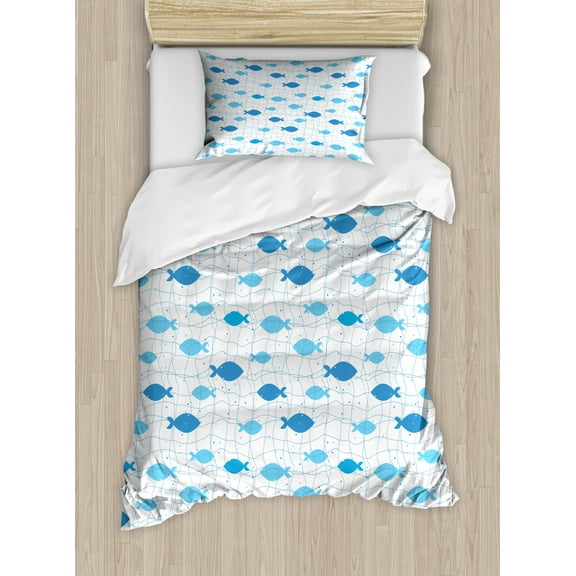 Fish Duvet Cover Set Twin Size, Fish Net with Polka Dots Abstract Animal Silhouettes Nature Inspired Image, Decorative 2 Piece Bedding Set with 1 Pillow Sham, Blue Pale Blue White, by Ambesonne