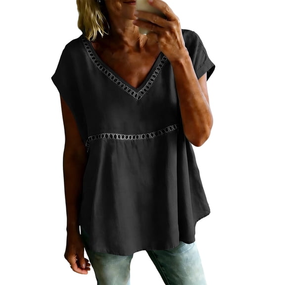 Turilly Boho Lace Trim Blouse for Women V-Neck Short Sleeve Loose Fit Casual Peplum Top Button Shirts