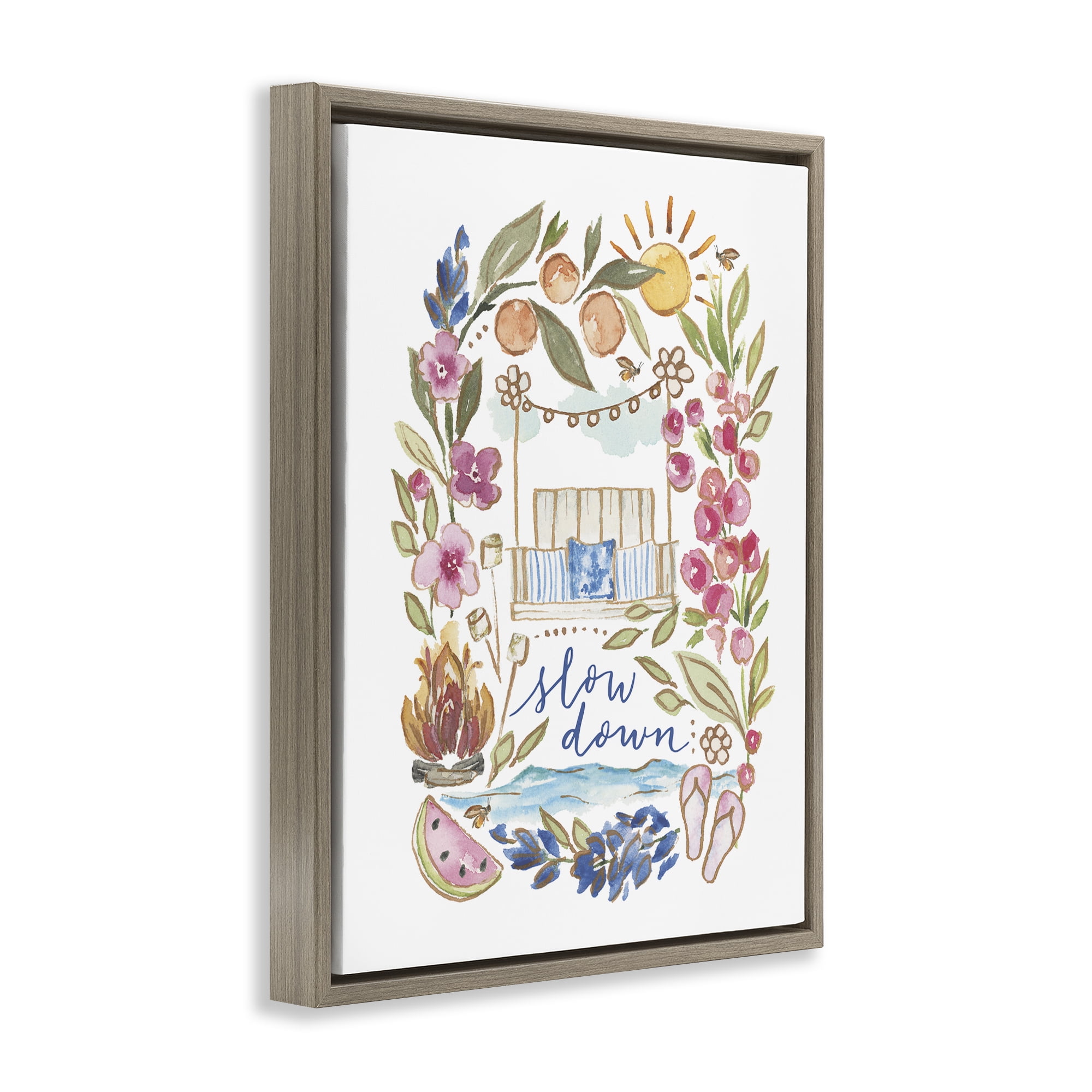 Stupell Industries Slow Down Summer Florals Plants & Flowers Painting Brown Floater Framed Canvas Art Print Wall Art, 25 x 31