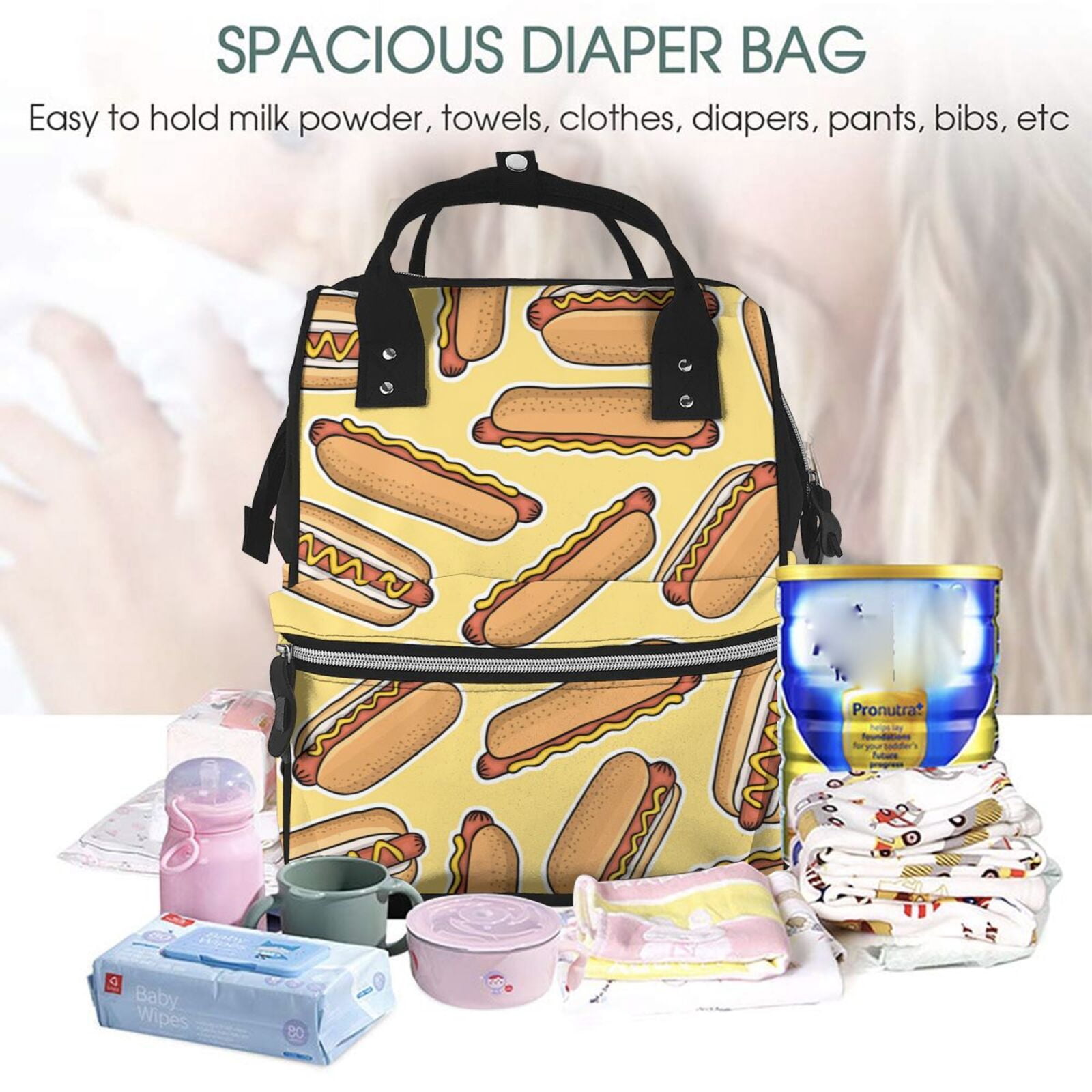 Ratiio Hot Dogs Mummy Backpack - Waterproof Twill Canvas, Large Capacity Diaper Bag with Multiple Pockets and Adjustable Straps