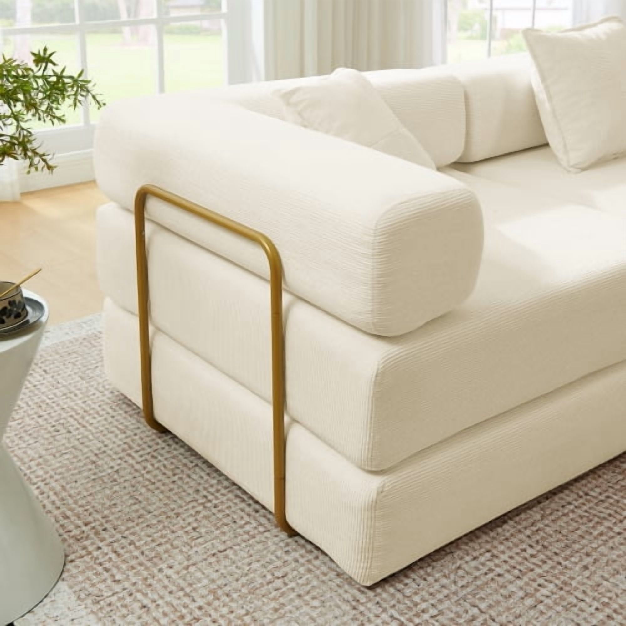 108" Modular Sectional Sofa with L-Shape Chaise, Convertible Sleeper Sofa Bed, Corduroy Cloud Couch with Deep Seat, No Assembly Required, Removable Backrest, Beige