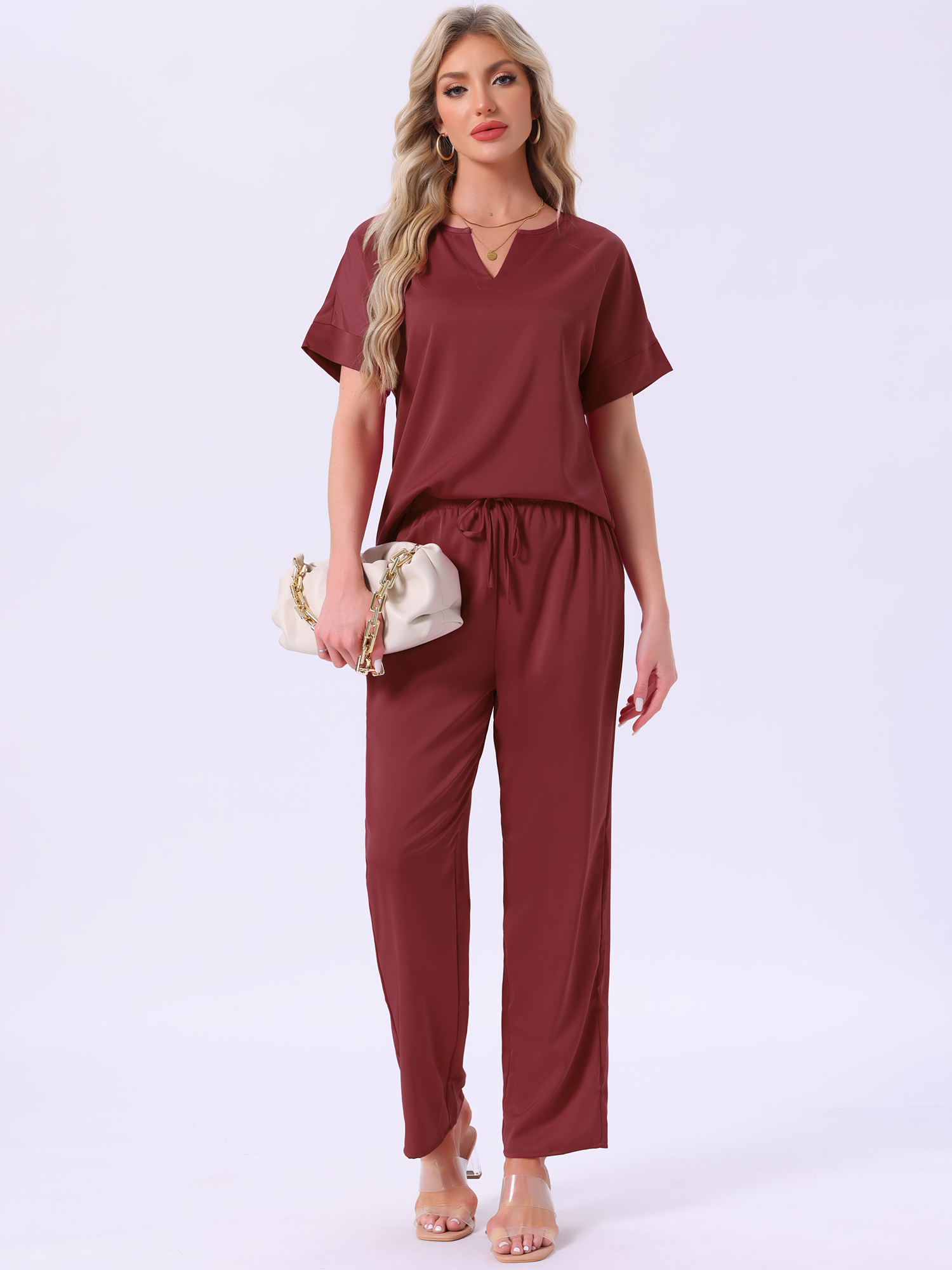 DARING DIVA Satin Pajamas Silky Short Sleeve V Neck Shirt Long Pant Set M Red