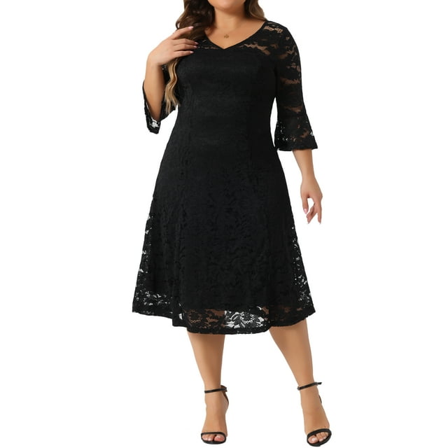 Vestido de encaje de talla grande para mujer Agnes Orinda, con escote en V, mangas 3/4, midi, estilo swing, para bodas y damas de honor, 1X negro