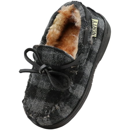 

NORTY Children Boys Girls Unisex Fleece Plaid Moccasin Slippers Grey Black