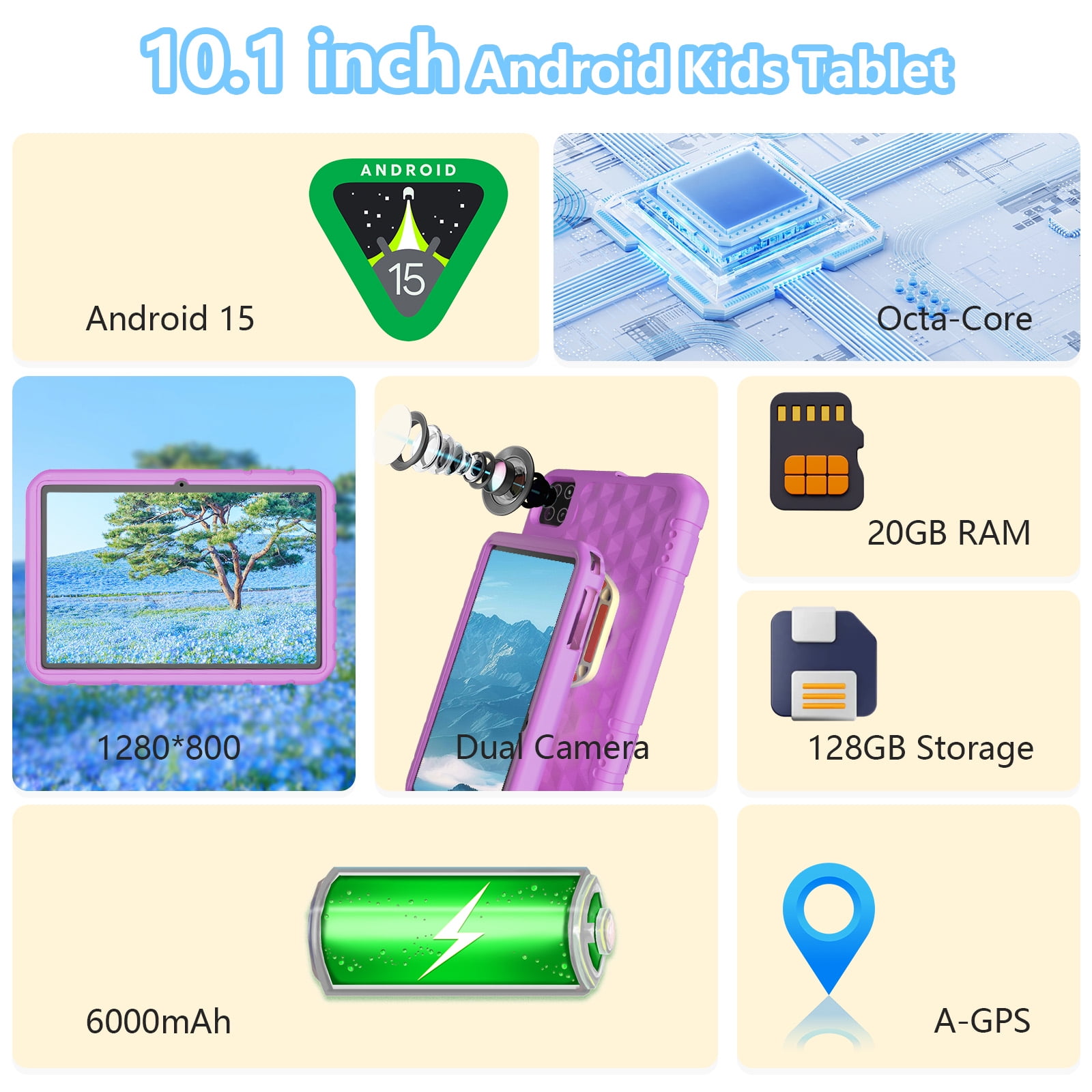 Android 15 Tablet, 10.1 inch Kids Tablet, Octa-core CPU, 20GB+128GB+1TB Expand Tablets for Kids with Kids Space, Parental Control, 6000mAh Big Battery, HD Touchscreen Display Tableta