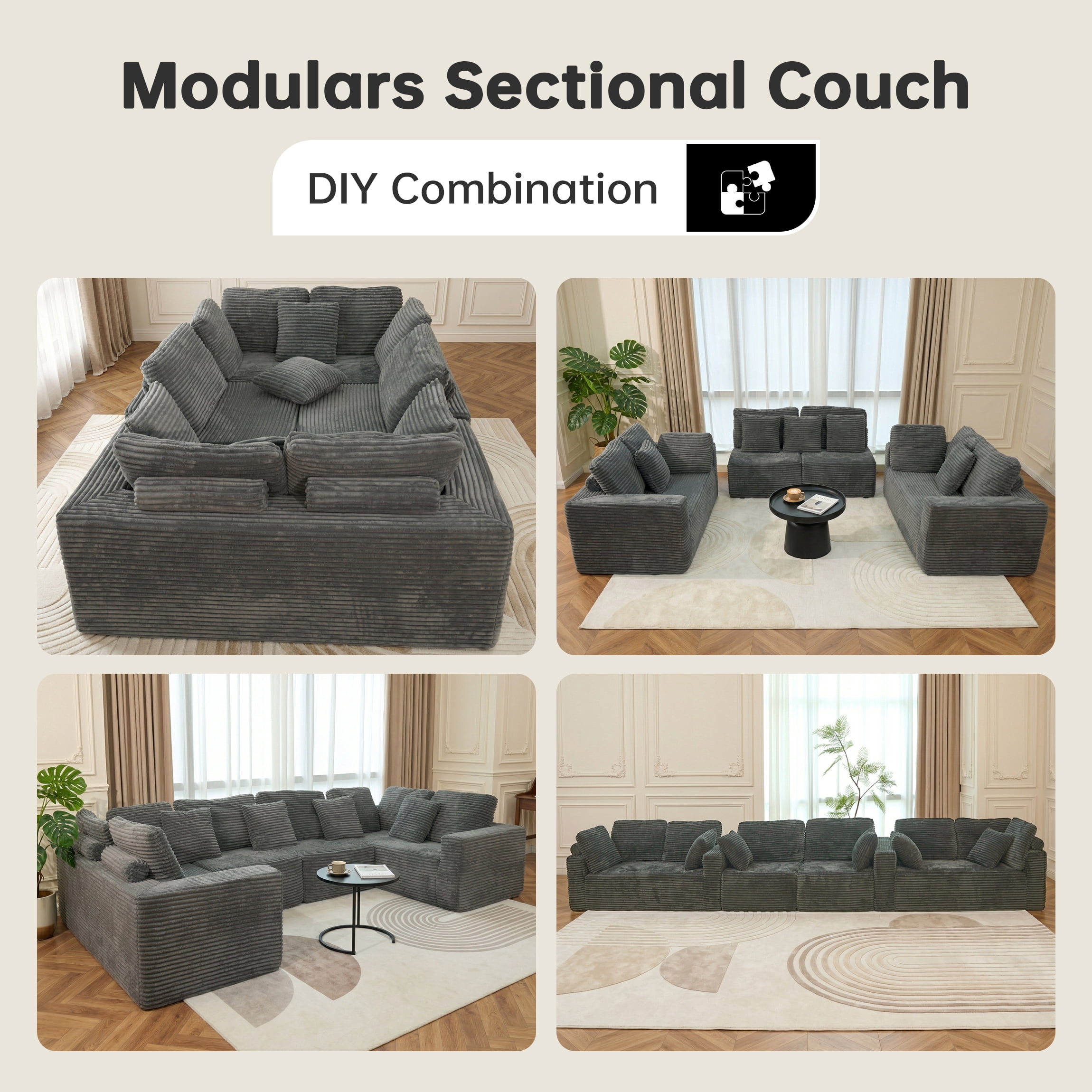 SOULART 135.5" U Shaped Sectional Couch,Gray Cloud Boneless Sofa For Living Room,Plush Corduroy Couches With Deep Seat Chaise Lounge,No Assembly Required