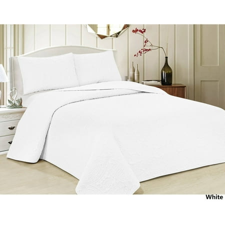 - Oversized 3-Piece Bedspread Set with Geometric Pattern-White Color-Queen Size