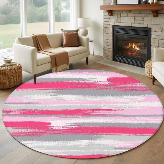 Round Rug 5Ft Washable Non-Slip, Pink Gray Stripes Circle Area Rugs for Living Room Bedroom, Watercolor Modern Abstract Minimalist Indoor Floor Mats Carpet Runner for Home Decor Aesthetic