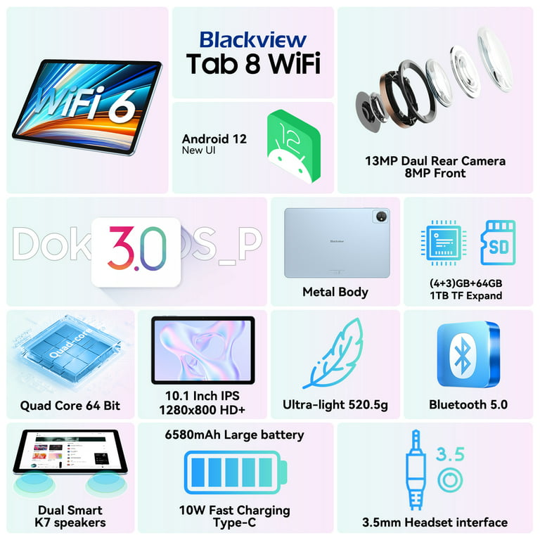 Tablet Blackview Android Tablet 10 inch 7GB RAM 64GB ROM Wifi 6, 13MP  Camere Computer Tablets for Kids, Tab 8 Wifi, Blue 