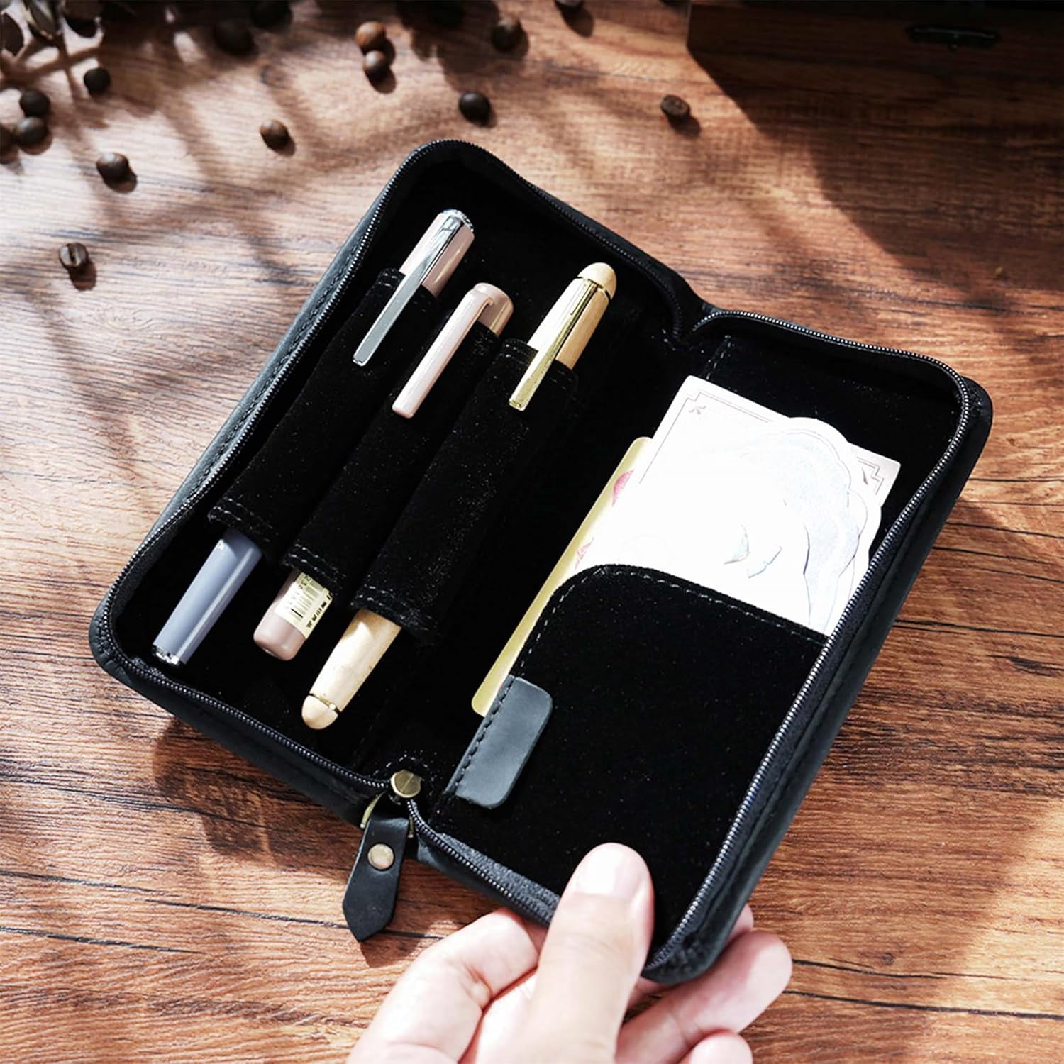 ABPETE Vintage Leather Fountain Pen Case 3 Divided Slots, Zippered Pen Case Pouch, Handmade Display Holder for Rollerball Pen (Black)