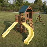 Swing-N-Slide Castlebrook Wooden Backyard Swing Set with Wave Slide, Curved Slide, Climbing Wall, and Swings
