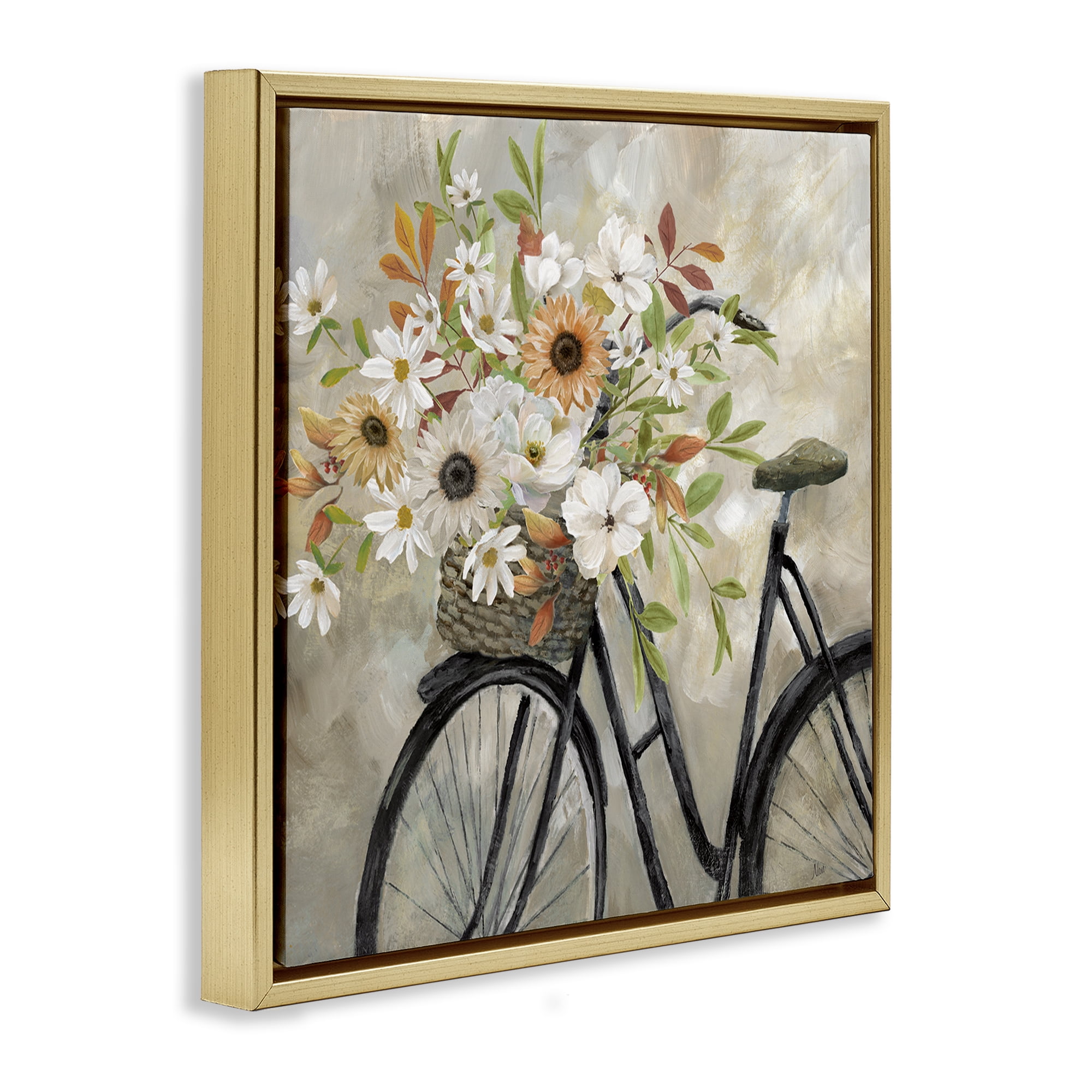 Stupell Industries Country Floral Bicycle Plants & Flowers Painting Gold Floater Framed Canvas Art Print Wall Art, 18 x 18