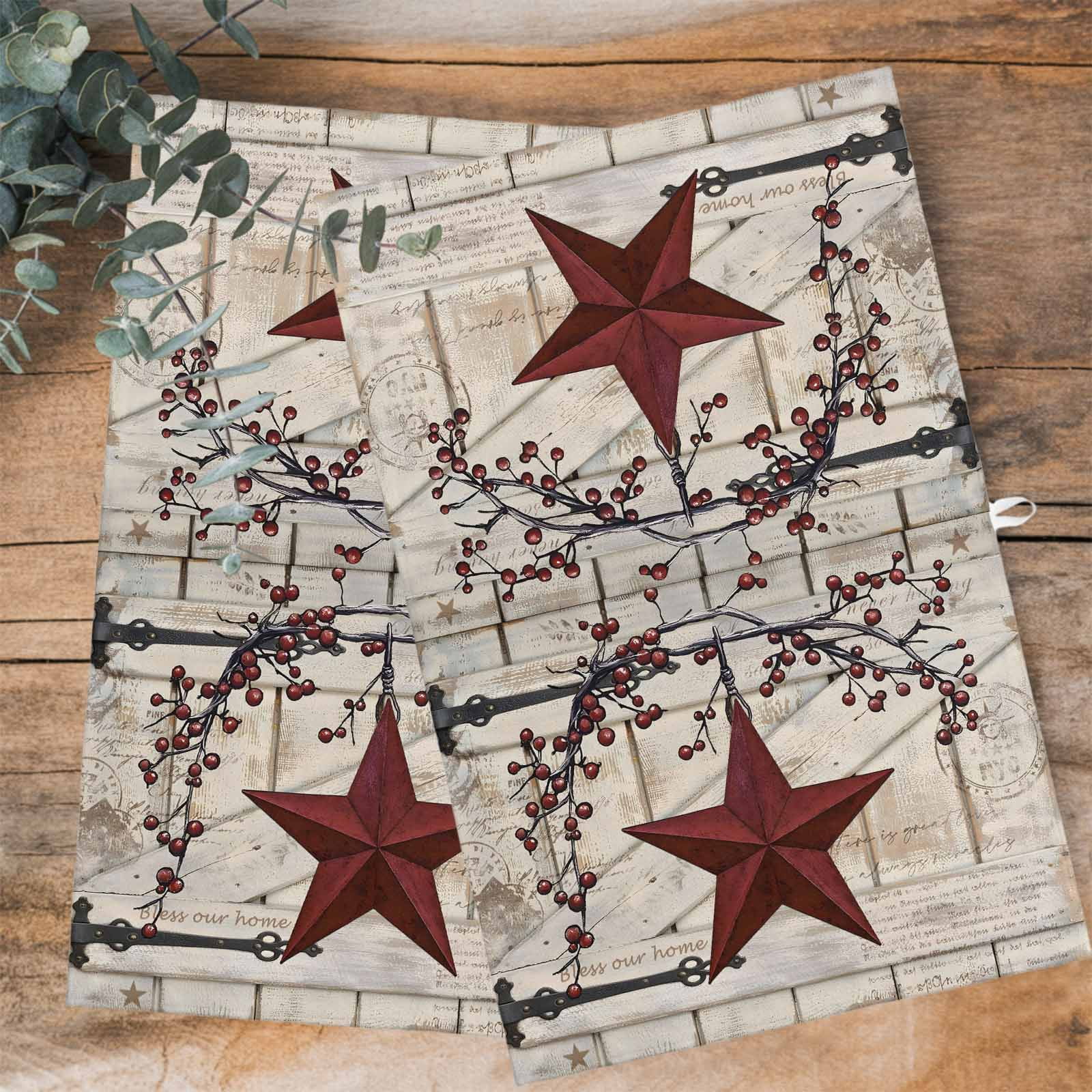 Texas Star Vintage Kitchen Towels Set of 2, Water Absorbent Dish Towel, Red Retro Berry Beige Wooden Decorative Hand Towels - Quick Drying Cloth for Cooking Baking, 18x28 Inch