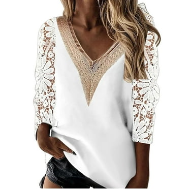 Women's Long Sleeve Lace V Neck Shirt Loose Elegant Spring Summer Blouse Tops