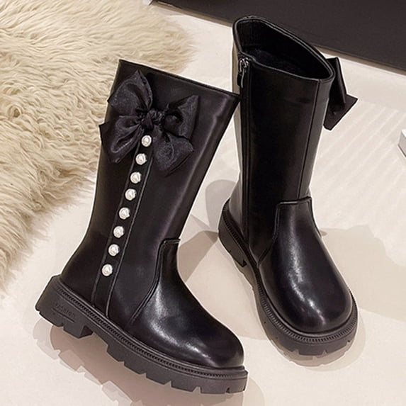 Girls Knee High Boots Sweet Pearl Bowknot Side Zipper Winter Tall Booties Leather Chunky Heel Mid Calf Boots