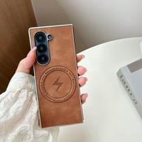 for Samsung Galaxy Z Fold 7 Magnetic Case with PU Leather Back & Plated Frame, Compatible with MagSafe, Fashion Ultra Slim Lightweight Drop Protective Phone Case Cover for Men and Women, Brown