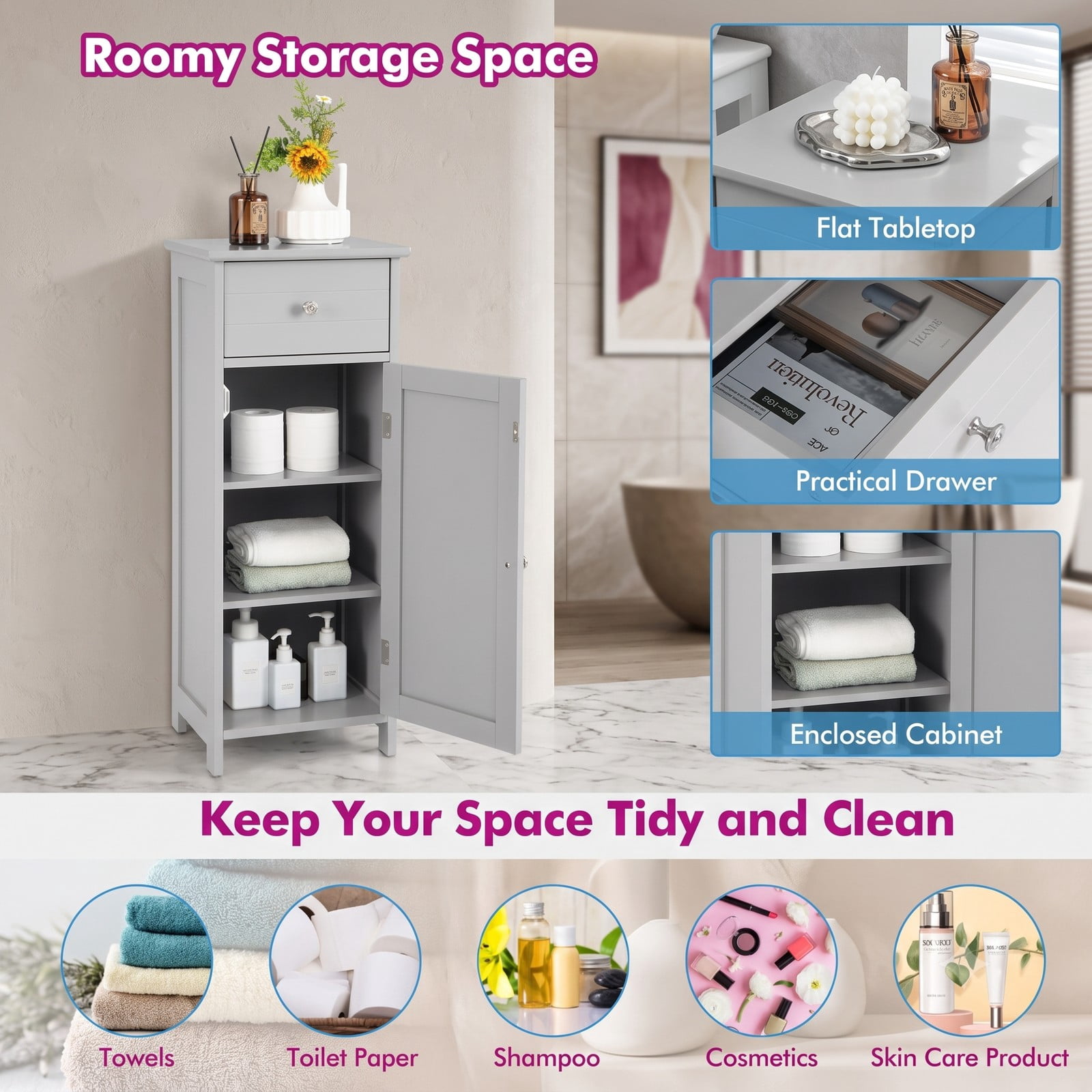 ALPULON Wooden Bathroom Floor Storage Cabinet with Drawer and Adjustable Shelf, Freestanding MDF Side Organizer for Bathroom Entryway Living Room, Gray