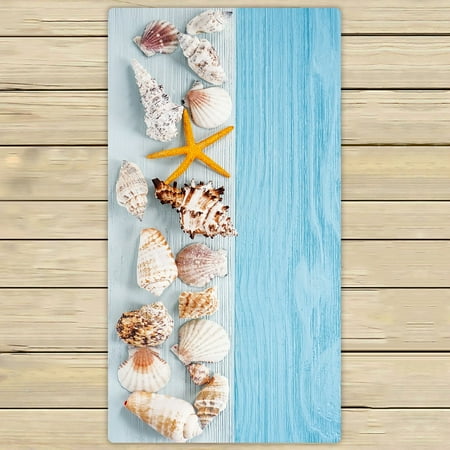 Seashell Themed Bathroom PHFZK Ocean Beach Theme Towel, Starfish and Seashells on Blue Wooden Background Hand Towel Bath Bathroom Shower Towels Beach Towel 30x56 inches ()