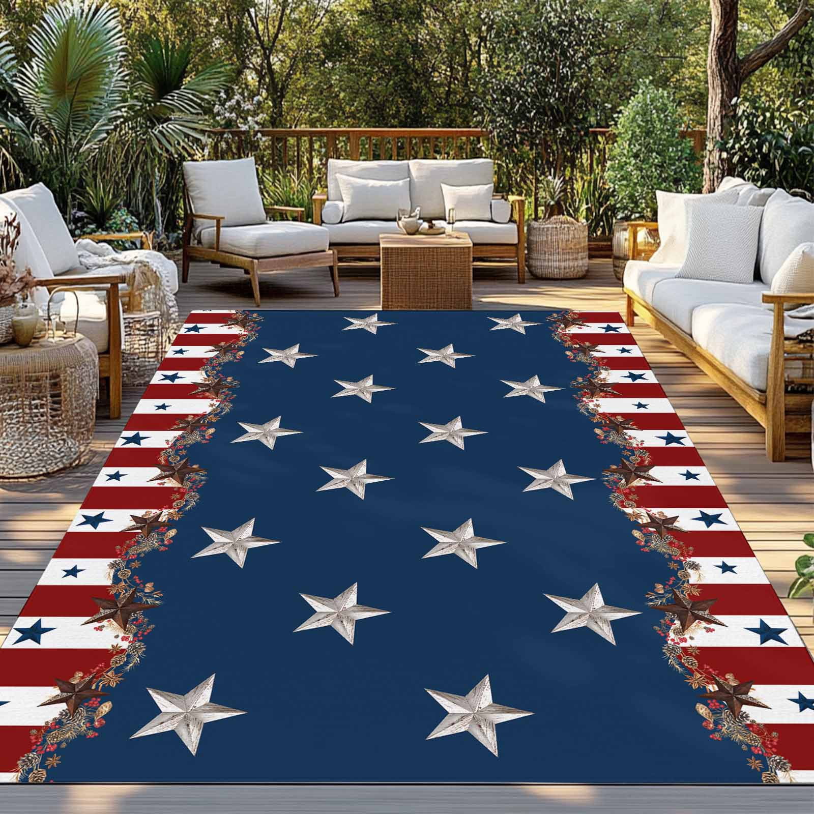 Fsddascl Country Star Farm Outdoor Rug for Patio/Deck/Porch, Non-Slip Large Area Rug 4 x 6 Ft, Red Blue Patriots Stripe American Flag Indoor Outdoor Rugs Washable Area Rugs, Camping Rug Carpet