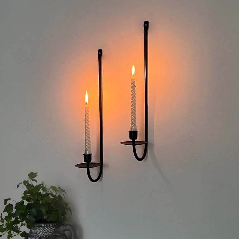 Set Of 2 Black Metal Wall Candle Sconces - Modern Iron Candle Holders For Living Room, Farmhouse, Fireplace Decor