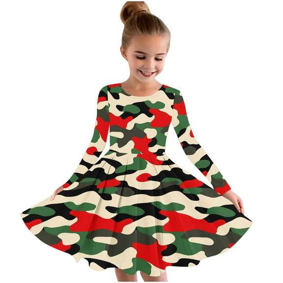 Odeerbi Kids Girls Long Sleeve Ballet Skater Dress Camouflage Printed Elastic Twirly A-line Dress School Recital Round Neck Dress Kids Girls Clothes