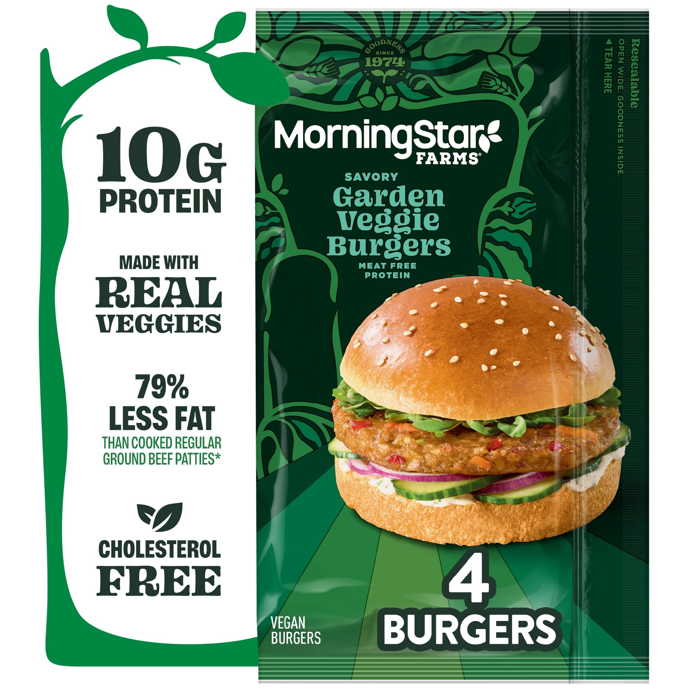 MorningStar Farms Savory Plant Based Garden Veggie Burgers, Vegan, 9.5 oz, 4 Count (Frozen), Regular