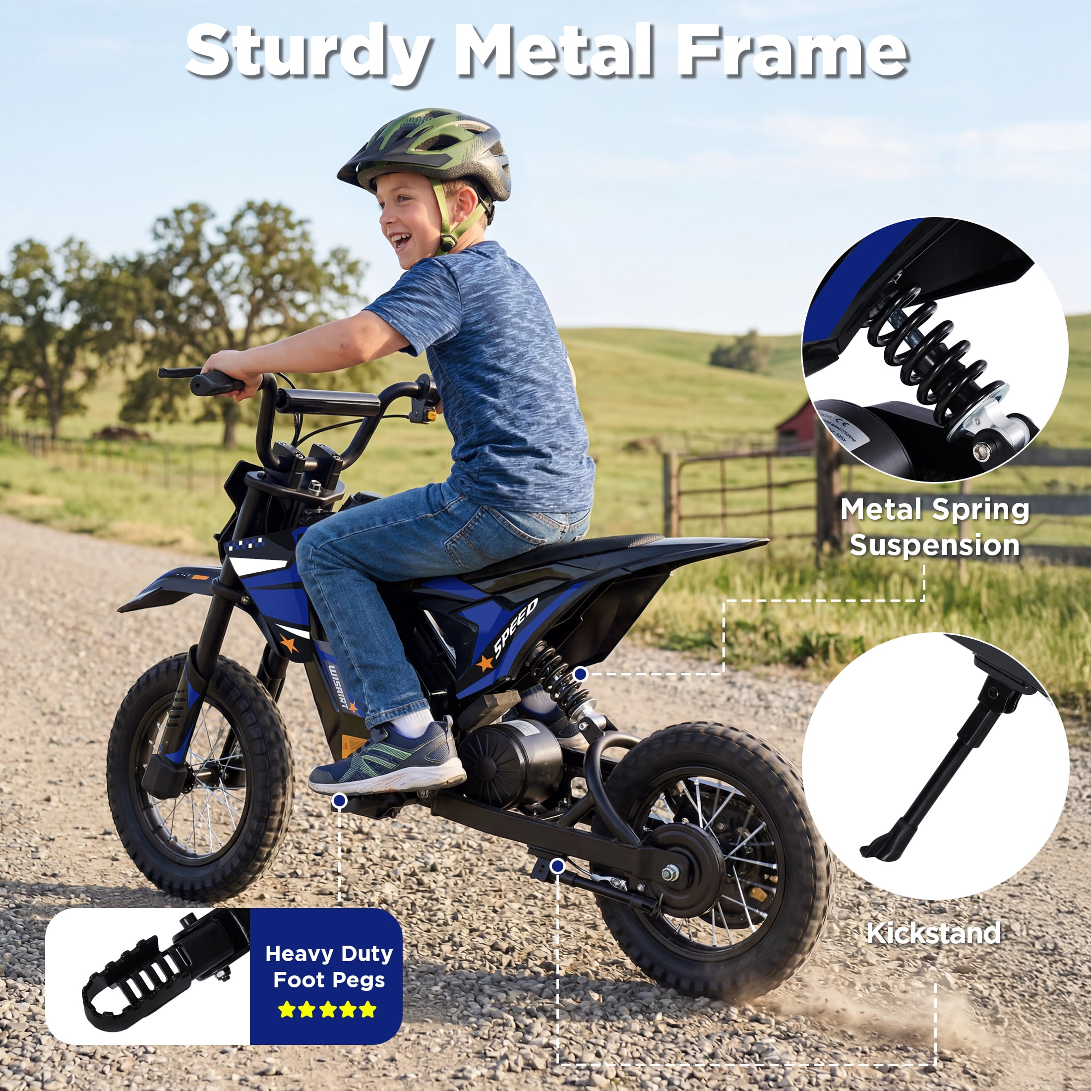 Wisairt 36V Kids Electric Dirt Bike, 15.5 mph High-Speed Electric Motorcycle Ride on Dirt Bike for Kids Aged 5-10, 133 lbs Max Load, 10-mile Range, Waterproof Seat, Twist Grip Throttle, Blue