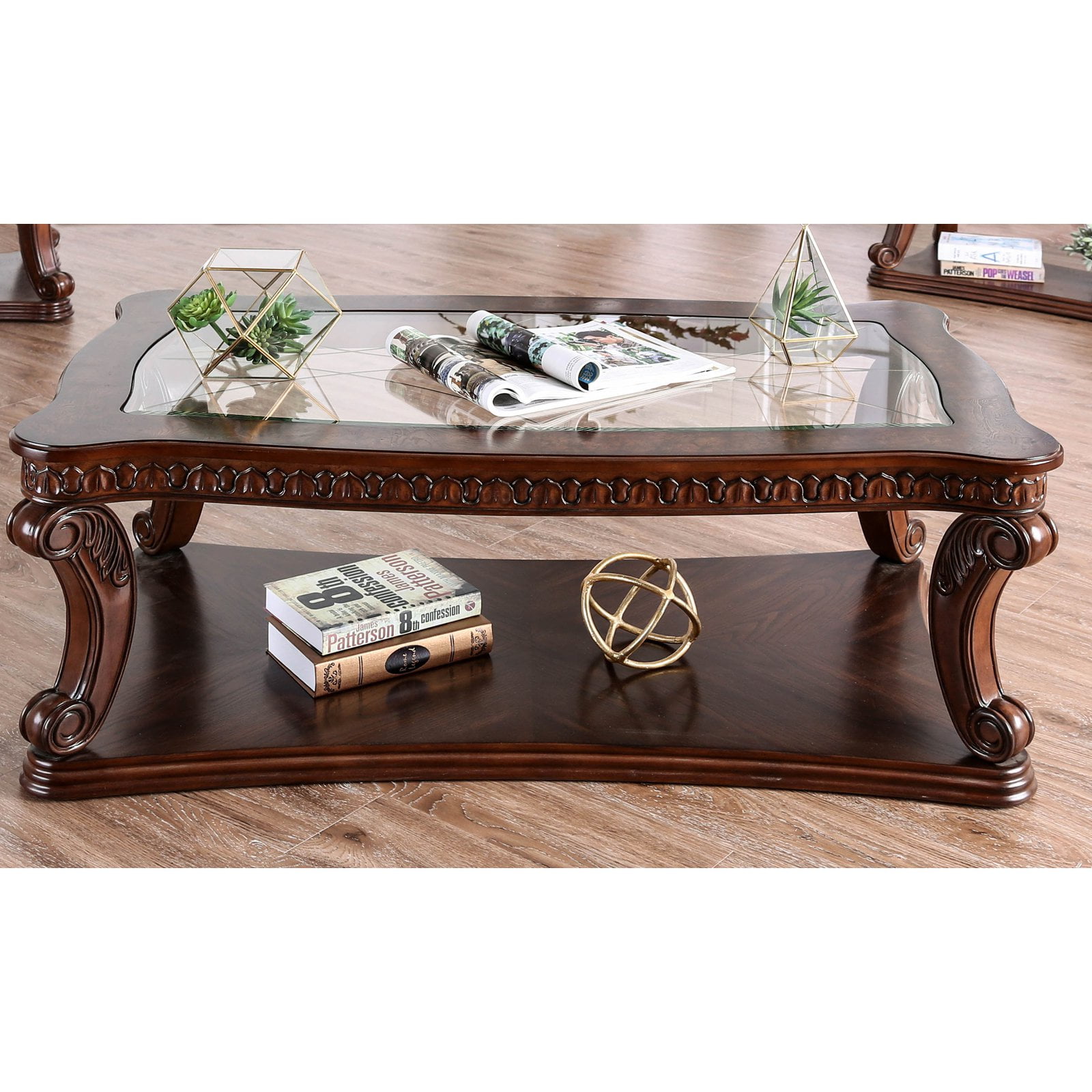 furniture of america townsend traditional glass top coffee table