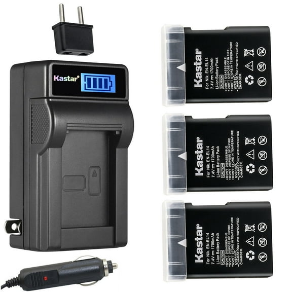 Kastar 3-Pack EN-EL14 Battery and LCD AC Charger Compatible with Nikon BG-2V 905-19050-00000-01, D5100/D5200/D5300, BG-2G 905-19023-00000-01, D5500/D5600, BG-2TIR 905-19035-00000-01 Battery Grip