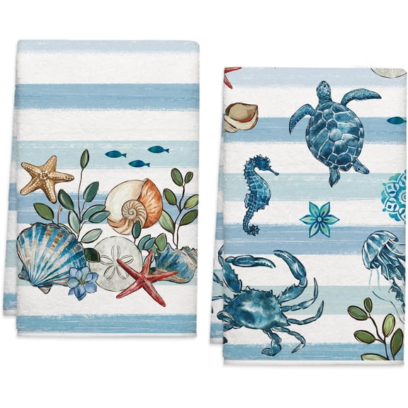 Summer Ocean Beach Kitchen Towels, Blue Sea Turtles Starfish Dish Towels Set of 2, Spring Shells Coastal 18 x 26 Inch Hand Towel Quick Drying Dishcloth Decor for Kitchen Bathroom Home