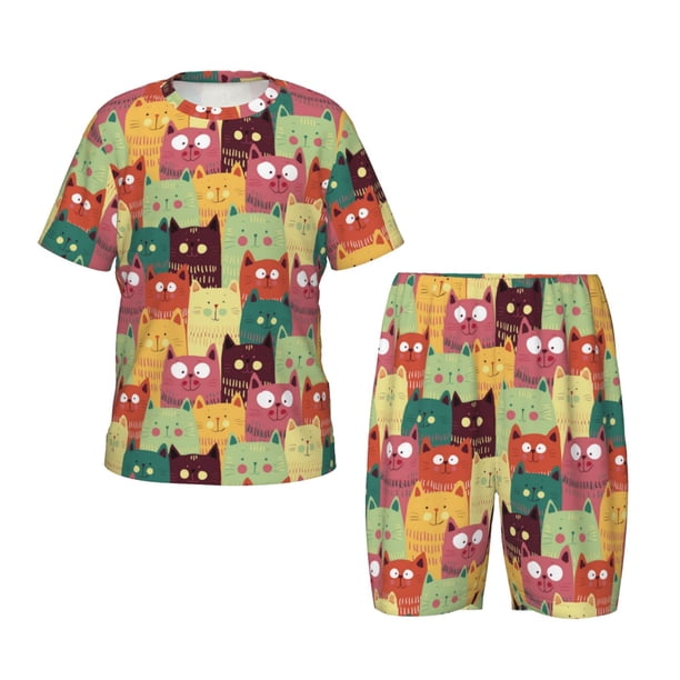 Balery Cute Cartoon Cat Conjunto de Pijama Infantil de Manga Corta con Estampado – Ropa de Dormir de Algodón Suave-Large