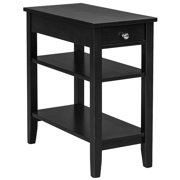 Black 3-Tier Side End Table with Drawer Double Shelf Narrow Nightstand