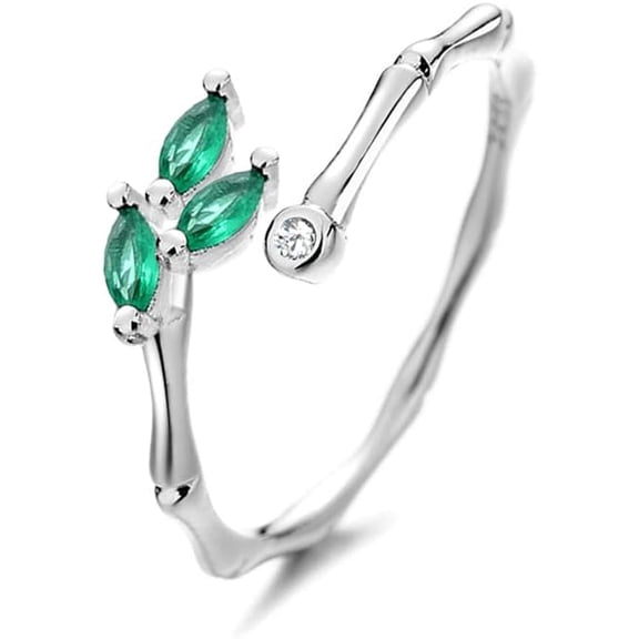 CZ Spring Leaf 925 Sterling Silver Adjustable Ring for Women Green Crystal Leaves Statement Stacking Open Band Finger Rings Comfort Fit Dainty Birthday Holiday Jewelry Gift