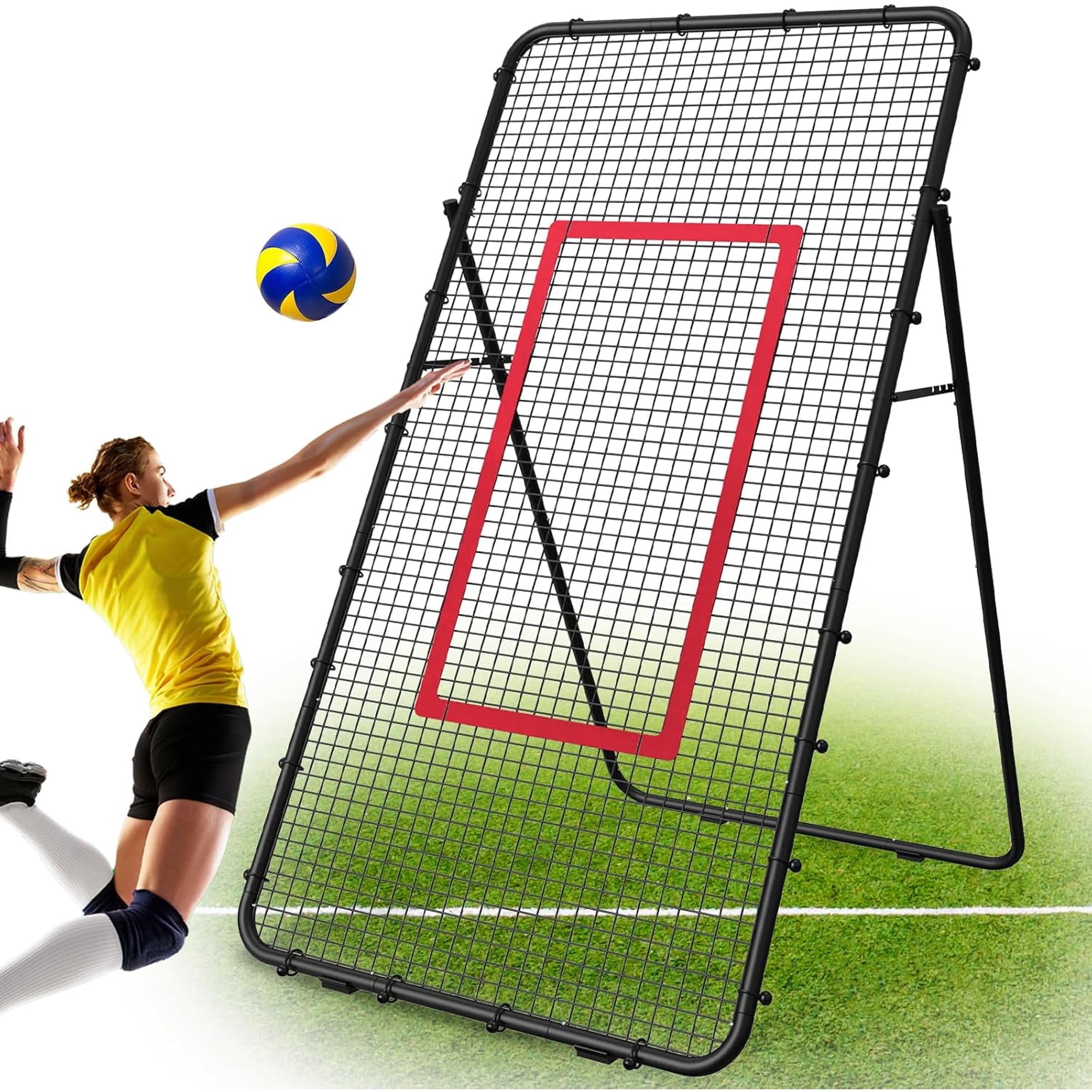 Adjustable 7x4 FT Sports Rebounder Net – Volleyball, Soccer, Baseball & Tennis Training Equipment for Backyard, Portable Hitting & Serving Practice，Black