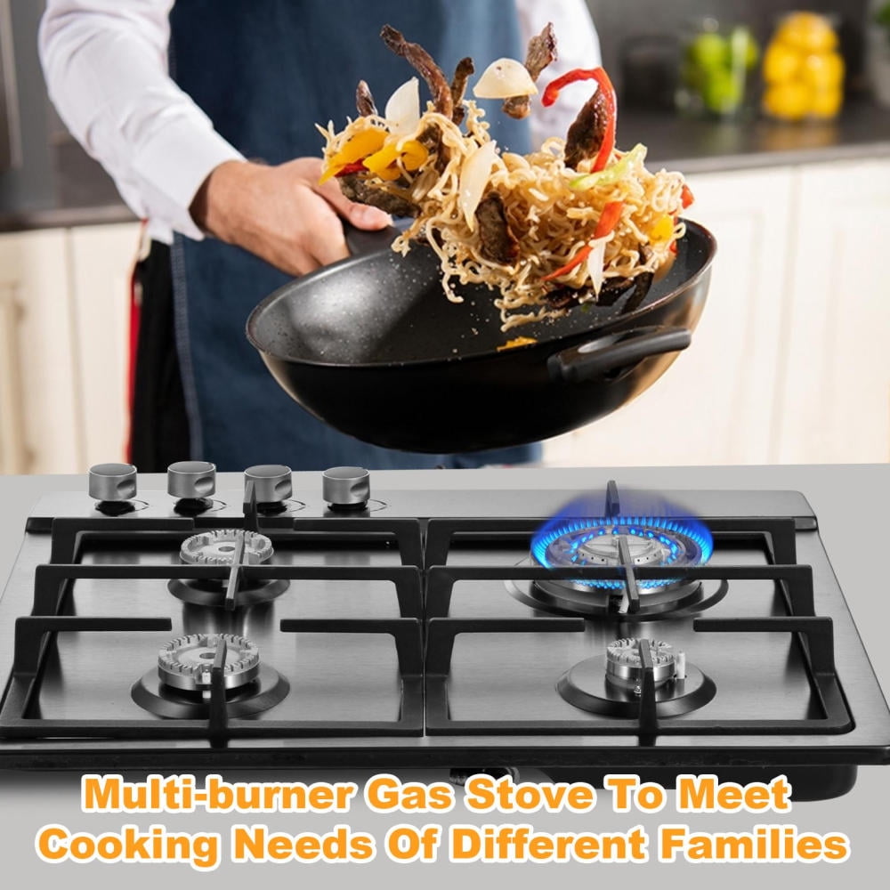 23.6 Inch 4 Burner Gas Cooktop, Gas Stove with Thermocouple Safety Feature, Compatible with LPG/NG, Built-In Tempered Glass for Apartments, Indoor Use, And Rvs