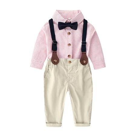 

BIZIZA Baby Boy Outfit 2-Piece Shirts Cute Long Sleeve Winter Bow Tie Suspender Pants for Kids Pink 130