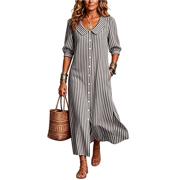 NTACZA Women Dresses 3/4 Sleeve Slit Shirt Dress Maxi Collared Striped Vacation Casual Button Down Beach Black L