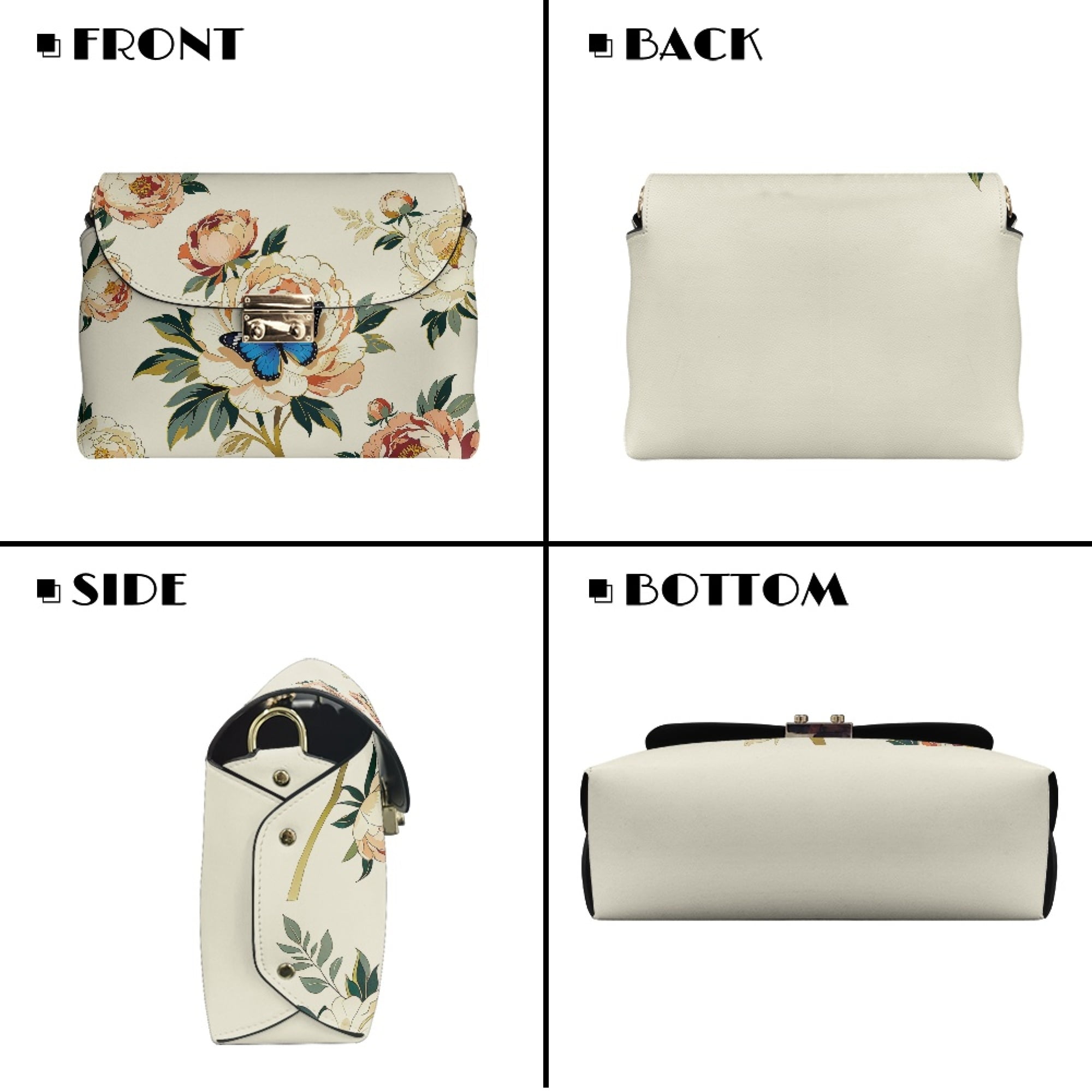 TSOVTHRID Butterfly Peony Flower White Print Small Crossbody Purse for Women Trendy Leather Crossbody Bag Going-out Shoulder Handbags with Detachable Chain Strap