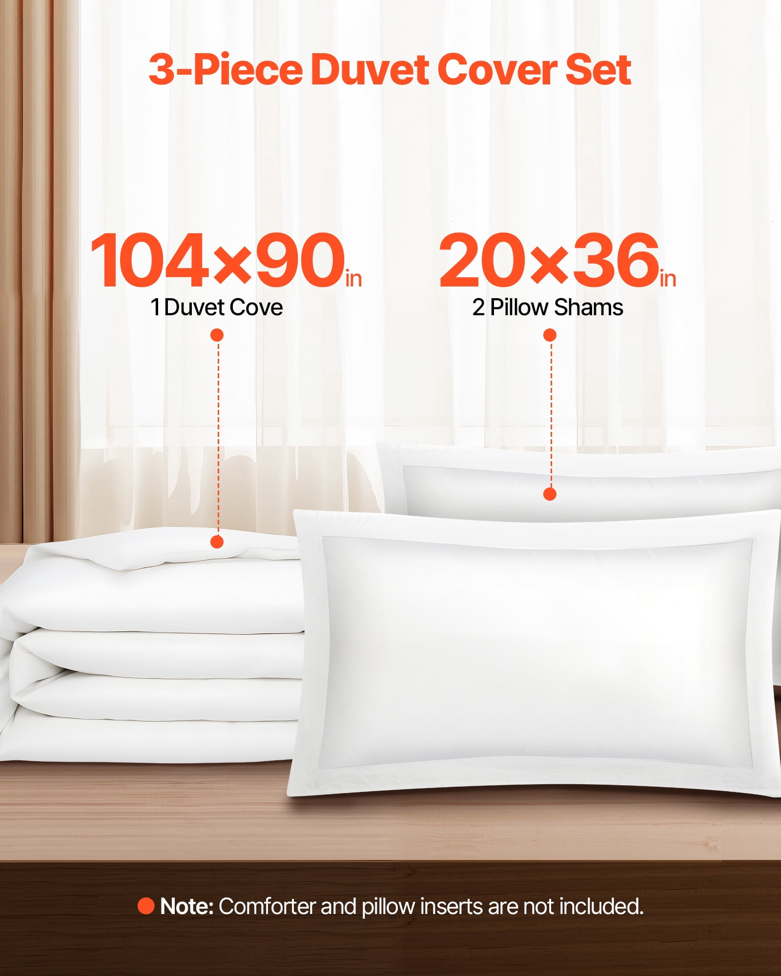 VEVOR King Size Duvet Cover Set, 100% Cotton, 3 Pieces Bedding Set with 1 Duvet Cover 104 x 90 in and 2 Pillow Shams 20 x 36 in,Double Zipper Closure, White