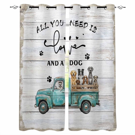 Turquoise Truck Dogs Blackout Curtains for Bedroom/Living Room, Thermal Insulated Kitchen Curtains, Farmhouse Retro Car Animals Wooden Grommet Darkening Window Treatment Drapes 52"x63"x2